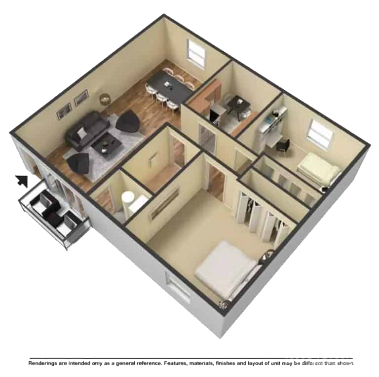 Floor plan for 2 beds, 1 bath, 805 sqft